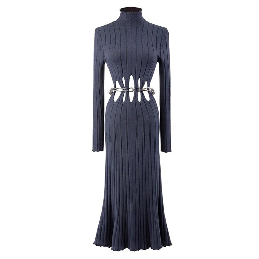 studio patchwerk backless cutout midi dress with waist chain in gray-blue knit